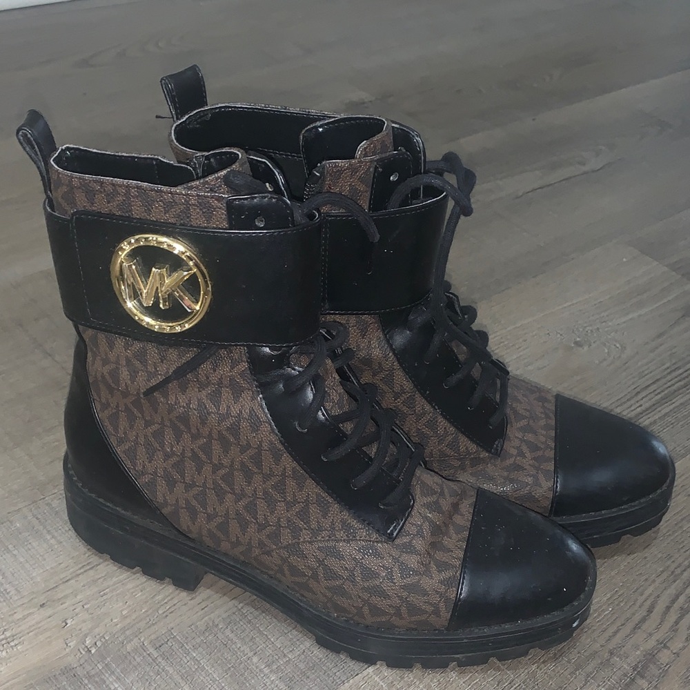 Michael Kors Black and Brown Monogram Combat Boots
